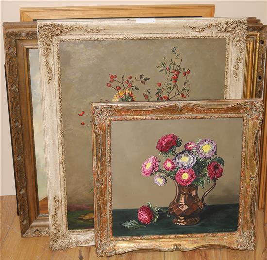 Alfred Palmer, eight oils, still lifes of flowers and other scenes, some in hard frames hand carved by the artist, largest overall 62 x